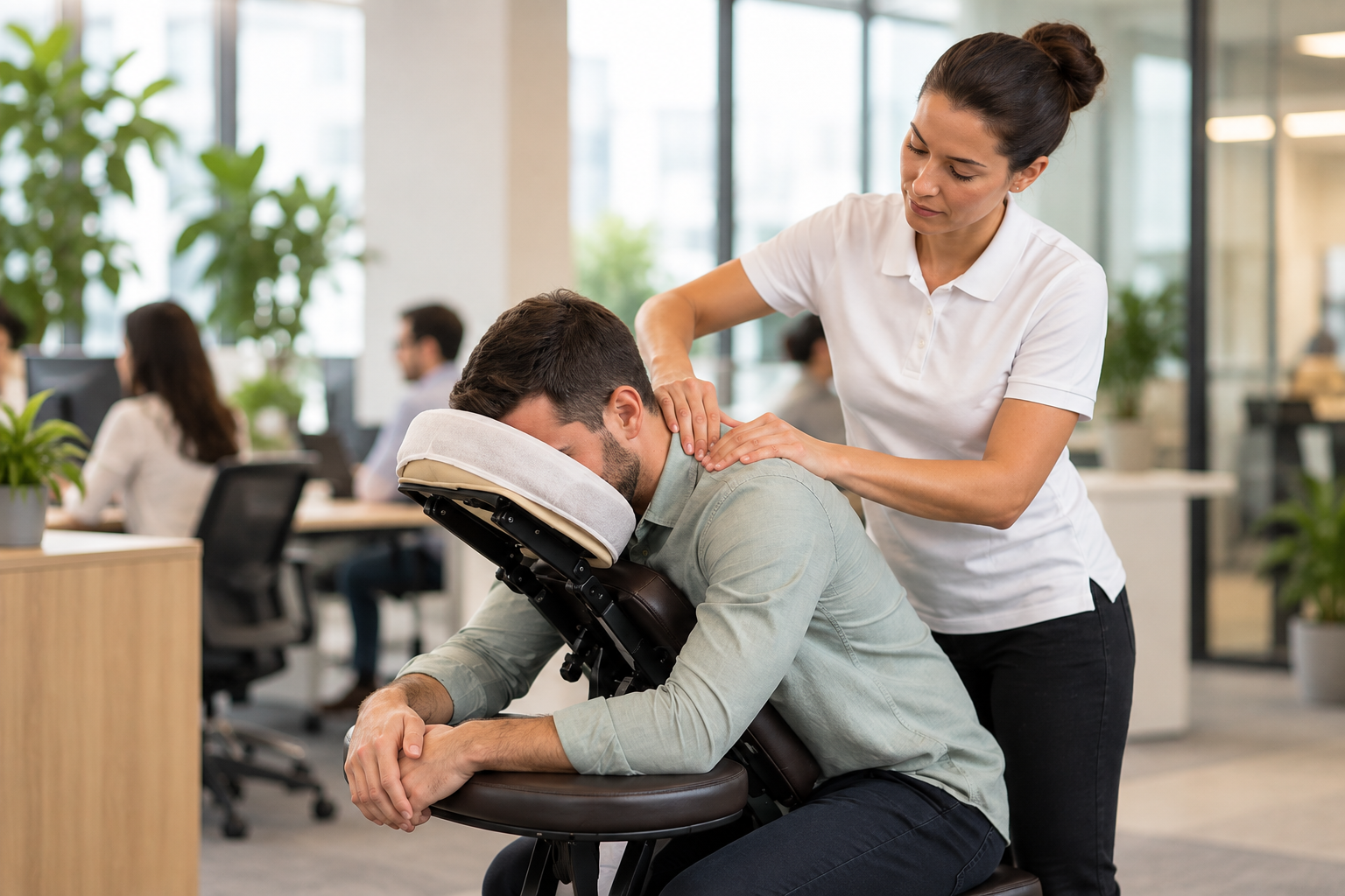 Imagem ilustrativa de uma profissional aplicando Quick Massage nos ombros de um cliente
